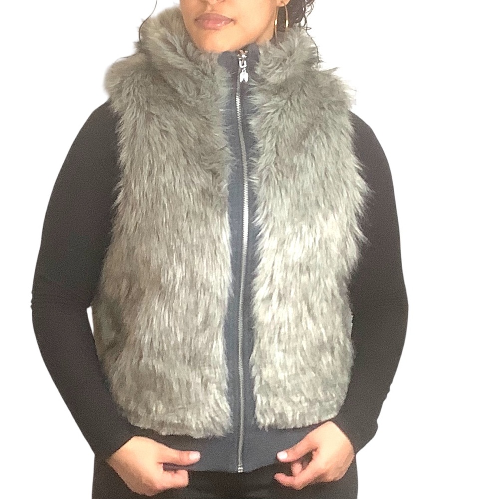 Victoria's Secret PINK Reversible Faux Fur Charcoal Vest Size Large